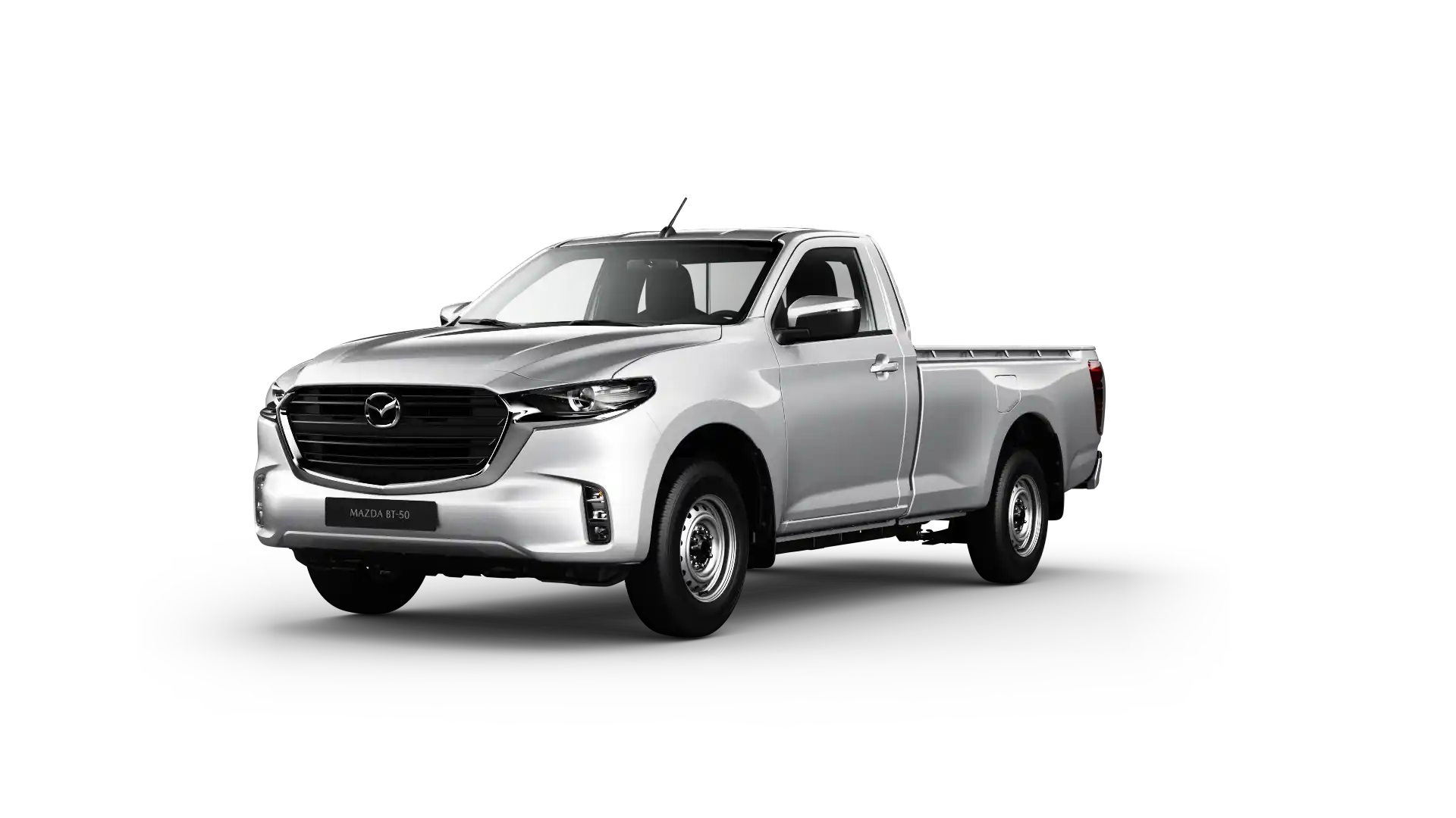 Mazda BT-50 cabina sencilla color plata, pickup de trabajo sobre fondo transparente, ideal para flotillas.