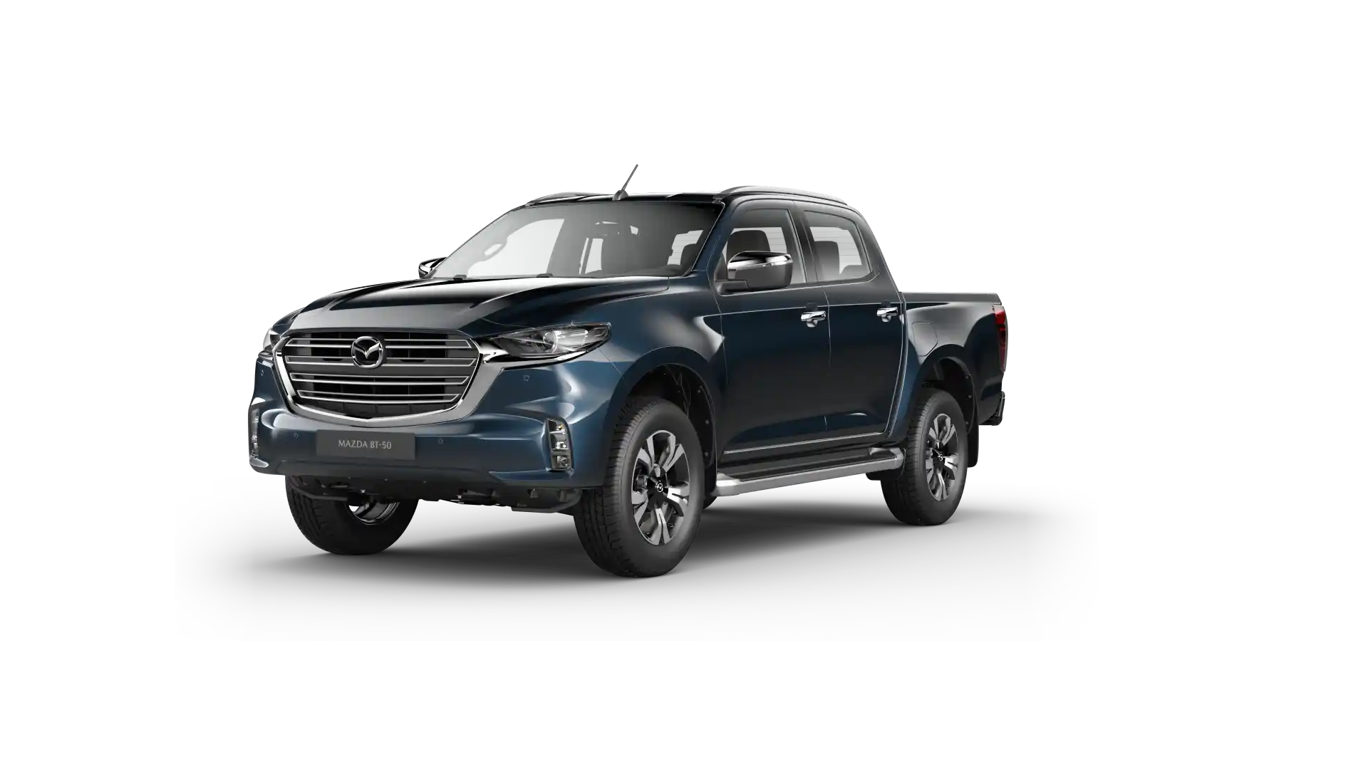 Mazda BT-50 azul oscuro sobre fondo transparente, pickup elegante y robusta.