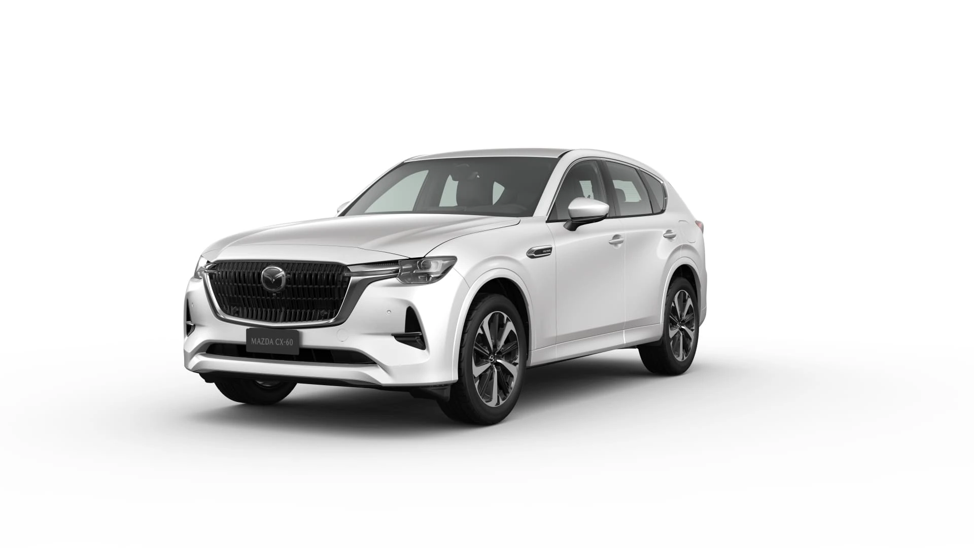 Mazda CX-60 blanca vista en ángulo frontal lateral sobre fondo blanco, destacando diseño Kodo y elegancia SUV.