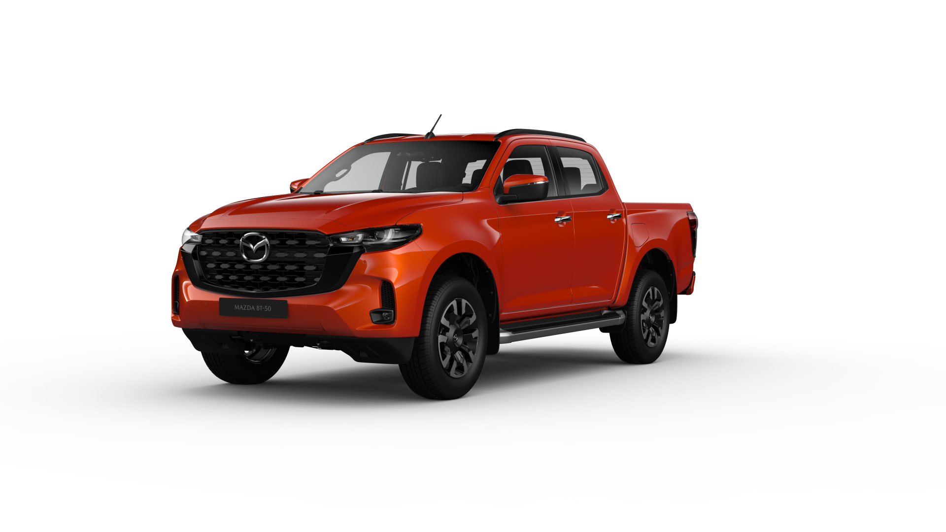 Vista 360 Mazda BT-50 2025 en color naranja con fondo transparente para uso gráfico y digital