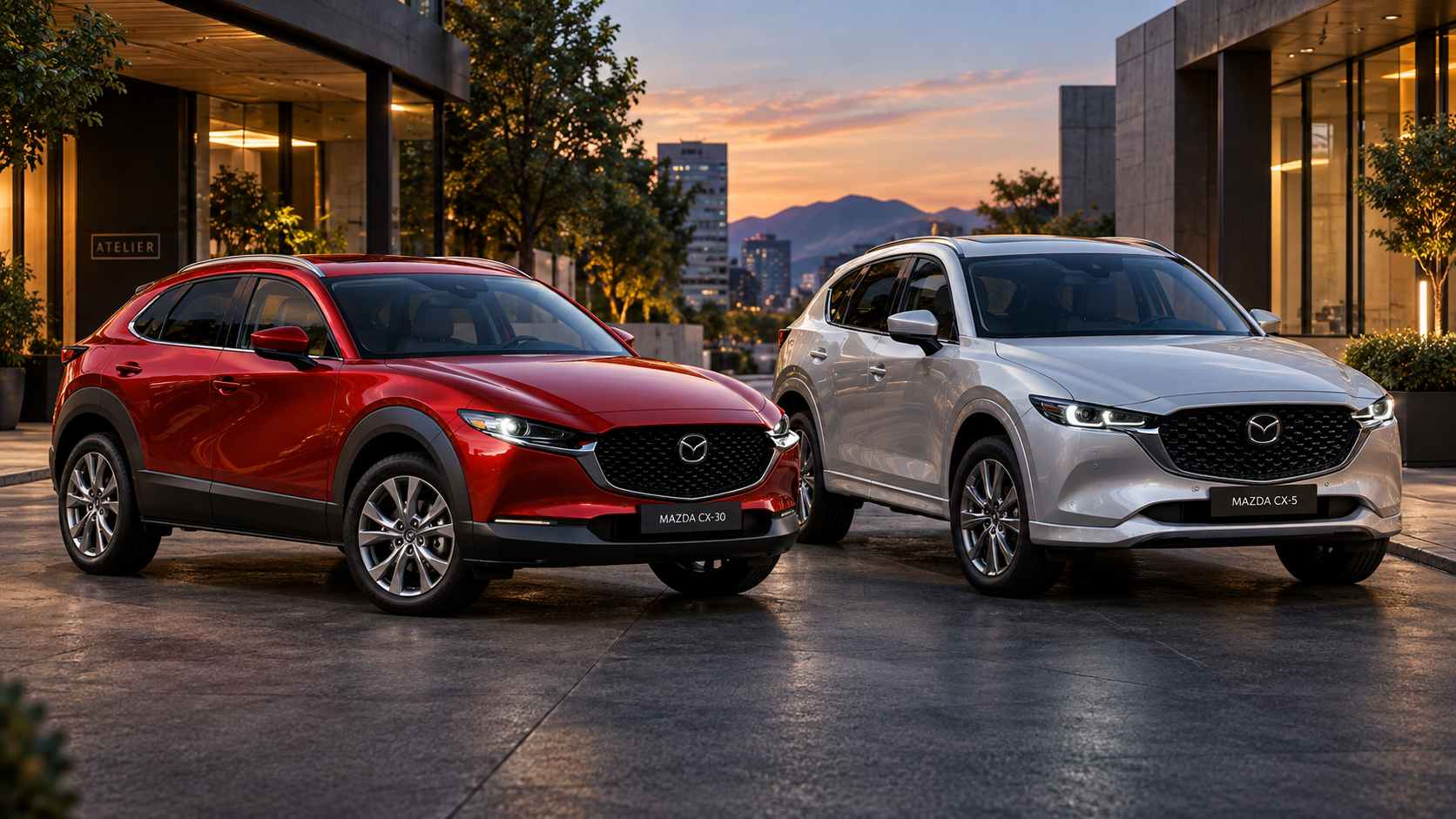Mazda CX-30 roja y Mazda CX-5 plateada en comparativa de SUV.
