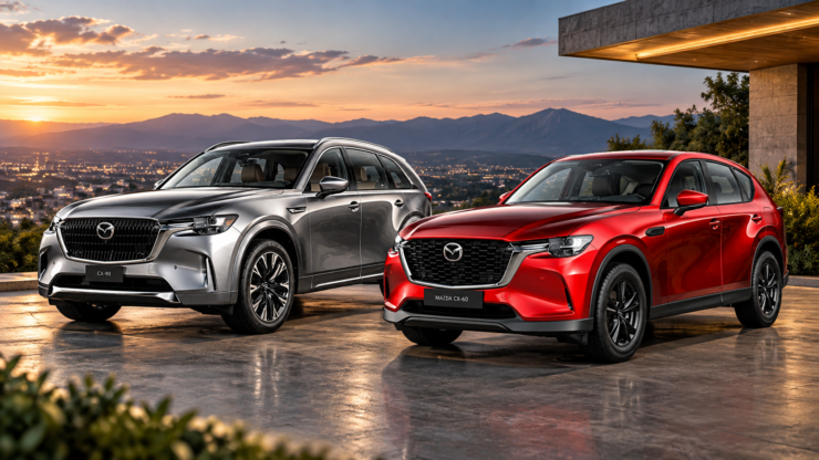 Mazda CX-90 gris y Mazda CX-60 roja estacionadas frente a una vivienda moderna al atardecer.